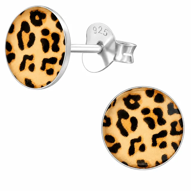 Pair of sterling silver round leopard print stud earrings in brown and black
