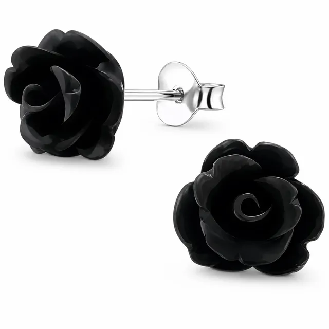 Pair of sterling silver black rose stud earrings with glossy resin petals