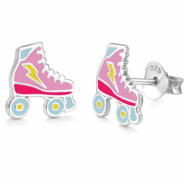 Pair of sterling silver pink roller skate stud earrings with yellow wheels