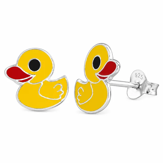 Pair of sterling silver yellow rubber duck stud earrings with red beaks