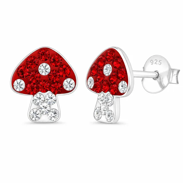 Pair of sterling silver red toadstool mushroom stud earrings with white spots and crystal