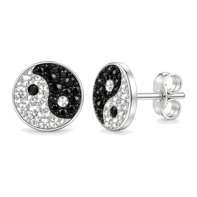 Pair of sterling silver round yin yang stud earrings with black and white crystals