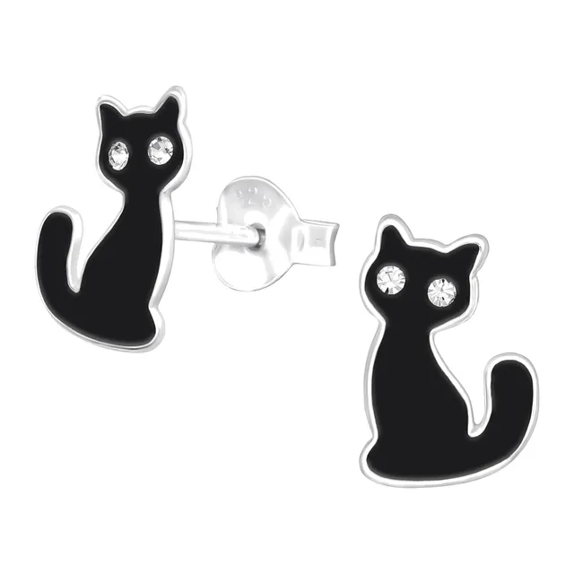 Pair of sterling silver black cat stud earrings with sparkling crystal eyes