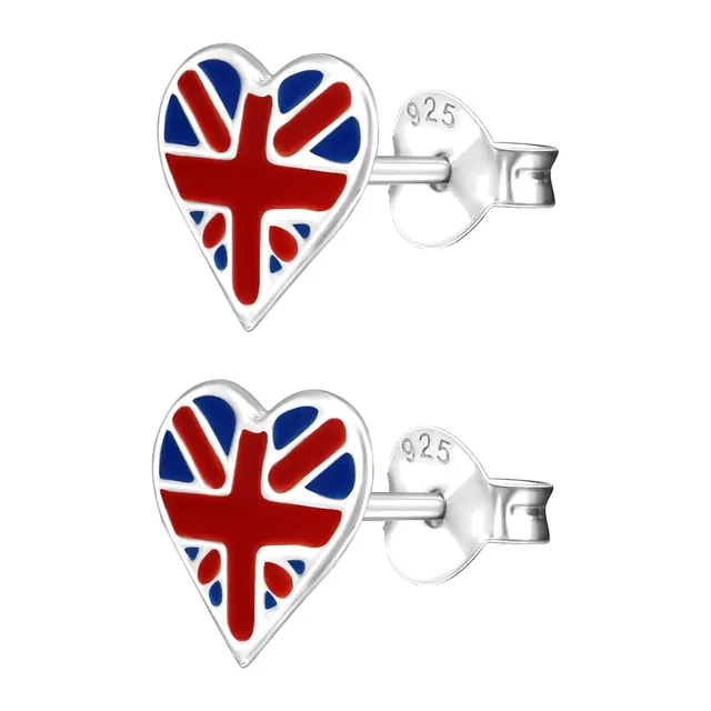 Pair of sterling silver heart shaped Union Jack flag stud earrings in red, white and blue