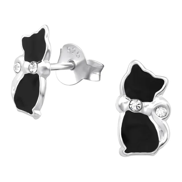 Pair of sterling silver black cat stud earrings with small crystal collars