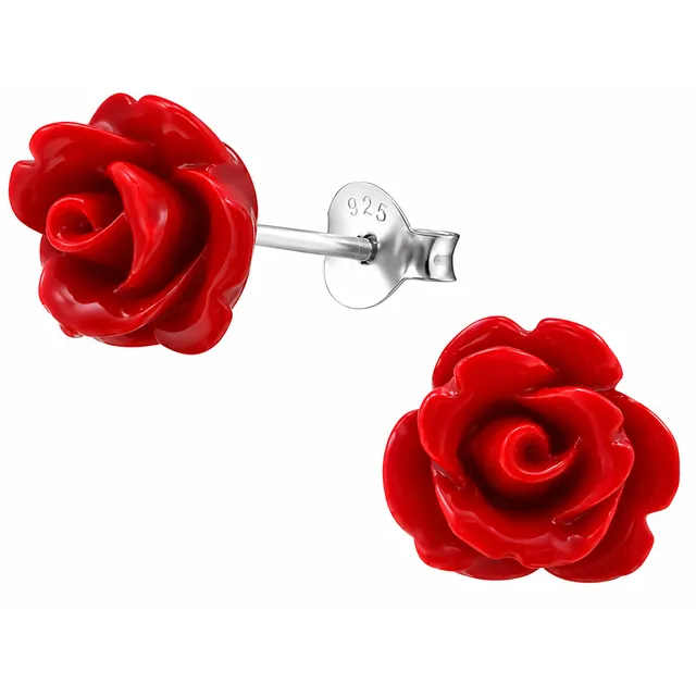 Pair of sterling silver deep red rose stud earrings with glossy resin petals