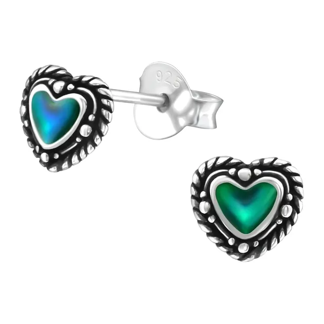 Pair of sterling silver small heart stud earrings with colour-changing blue and green centres