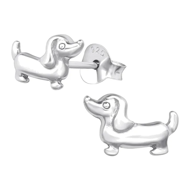 Pair of sterling silver dachshund sausage dog stud earrings in profile