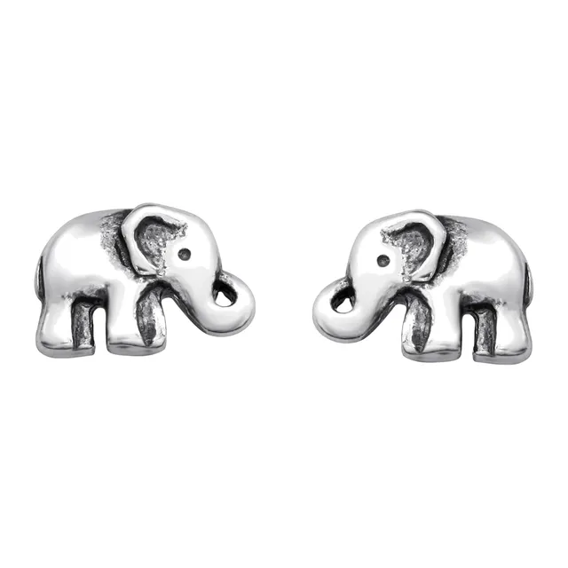 Pair of sterling silver elephant stud earrings with raised trunks