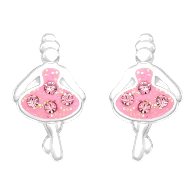 Pair of sterling silver pink ballerina stud earrings with crystal tutus