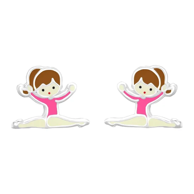 Pair of sterling silver gymnast stud earrings with pink leotards