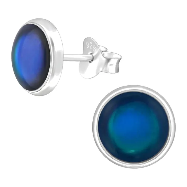 Pair of round sterling silver stud earrings with colour-changing centres in blue, red and green