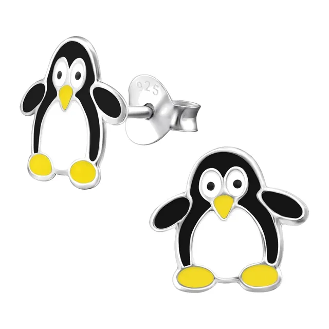 Pair of sterling silver penguin stud earrings with black and white bodies and yellow beaks