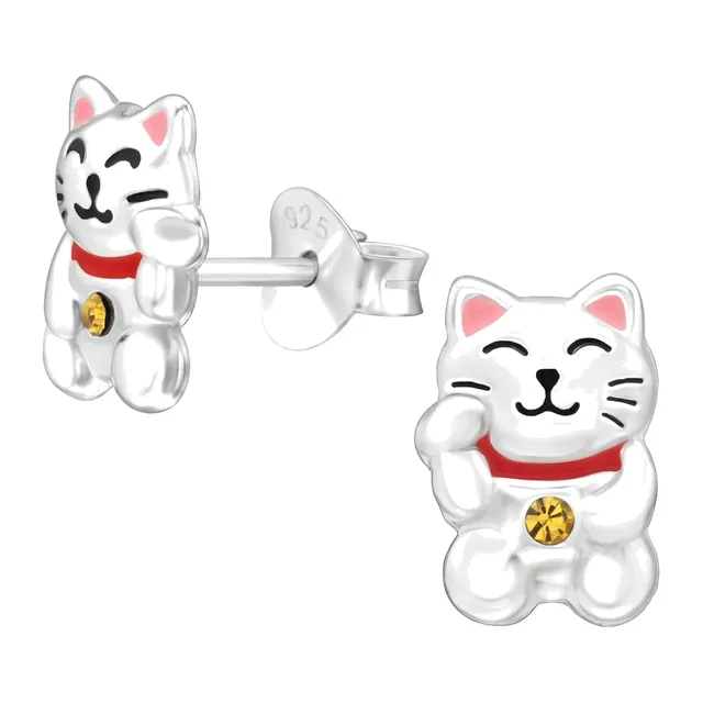 Pair of sterling silver lucky waving cat stud earrings with red detail and crystal