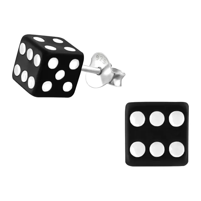 Pair of small sterling silver black dice stud earrings with white dots