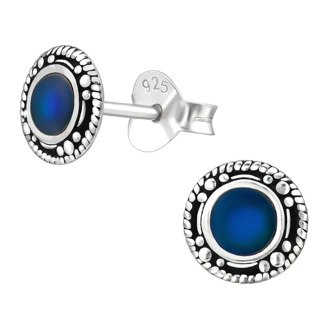 Pair of vintage style round sterling silver stud earrings with colour-changing stones