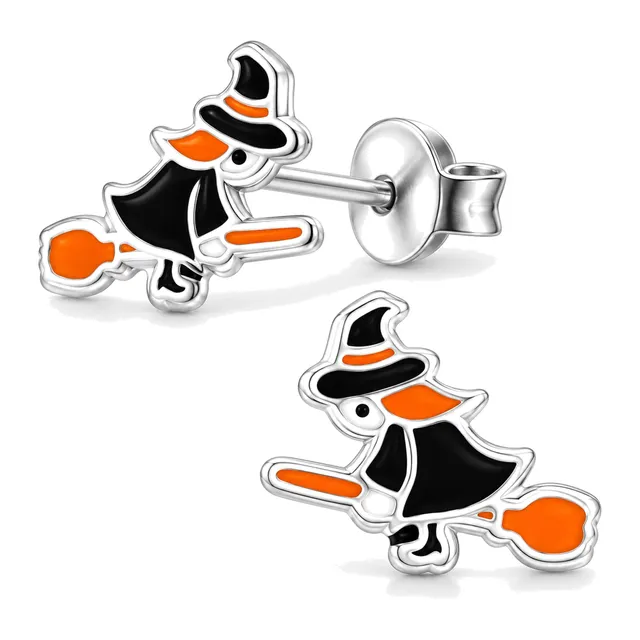 Pair of sterling silver Halloween witch on broomstick stud earrings in black