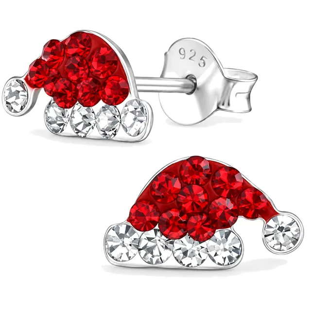 Pair of sterling silver Santa hat stud earrings in red and white with crystals