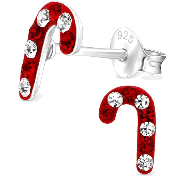 Pair of sterling silver red and white candy cane stud earrings with sparkling crystals