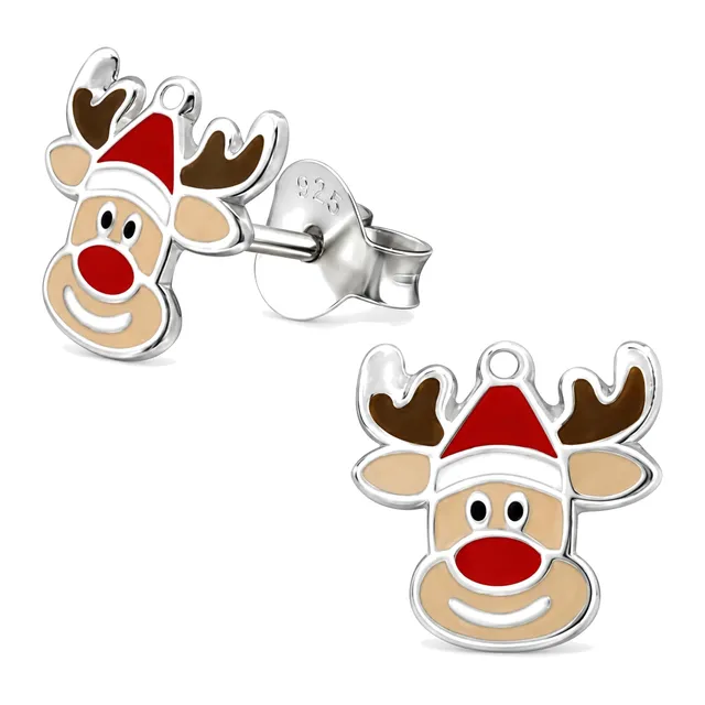 Pair of sterling silver reindeer stud earrings with bright red noses