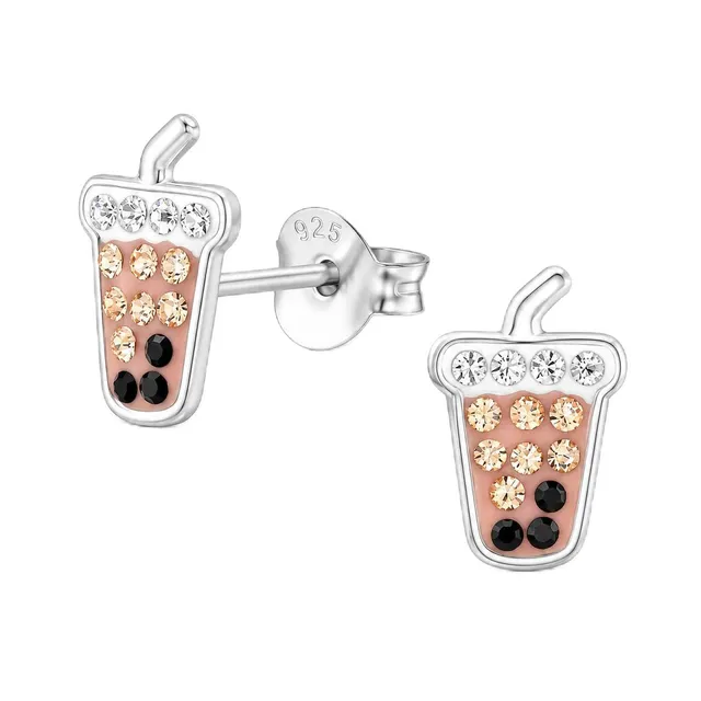 Pair of sterling silver pink bubble tea cup stud earrings covered in tiny crystals
