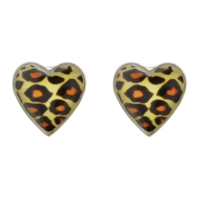 Pair of sterling silver heart stud earrings with brown leopard print pattern