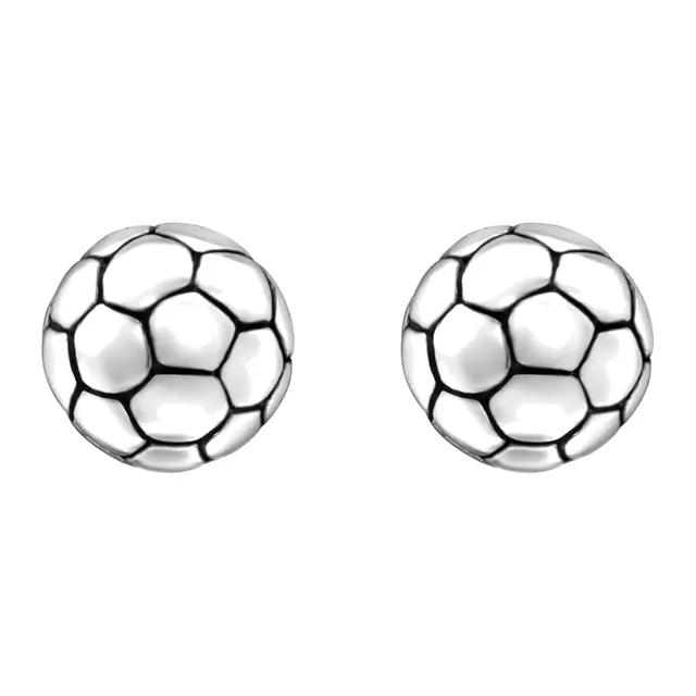 Pair of small sterling silver football stud earrings with black and white pattern
