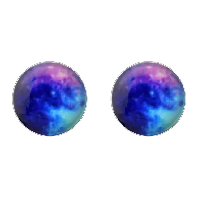 Pair of round sterling silver galaxy stud earrings with swirling purple cosmic finish