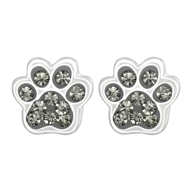 Pair of sterling silver paw print stud earrings with black diamond coloured crystals
