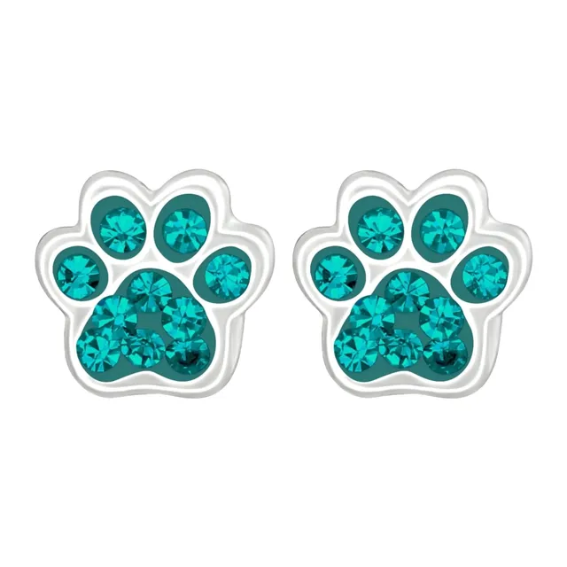 Pair of sterling silver paw print stud earrings with blue zircon coloured crystals