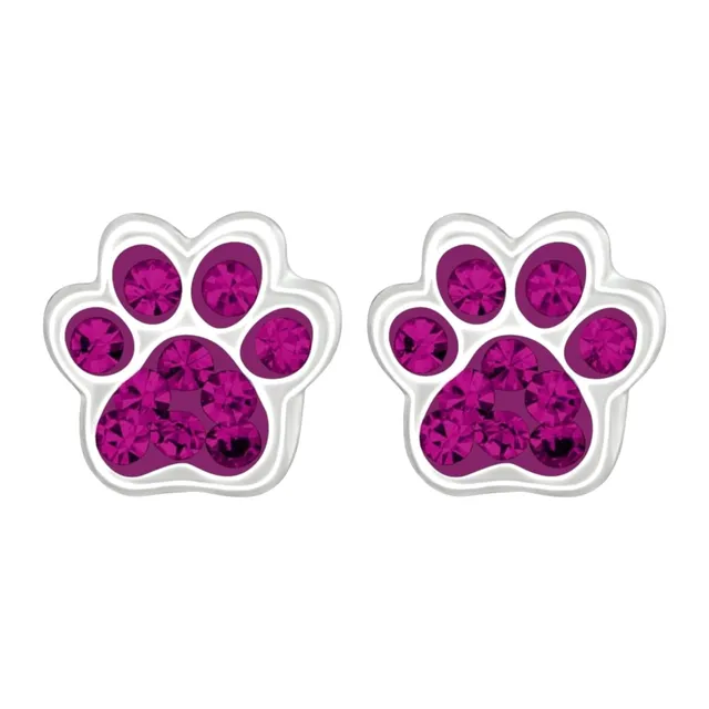 Pair of sterling silver paw print stud earrings with fuchsia coloured crystals