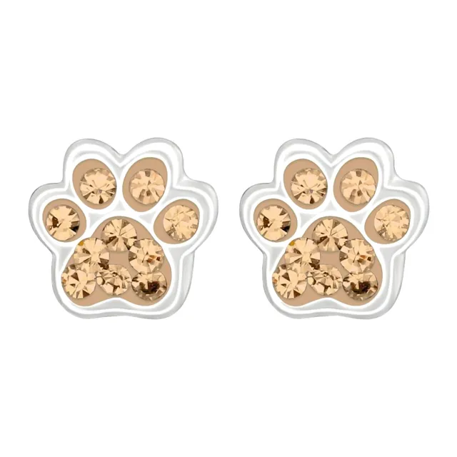 Pair of sterling silver paw print stud earrings with light peach coloured crystals