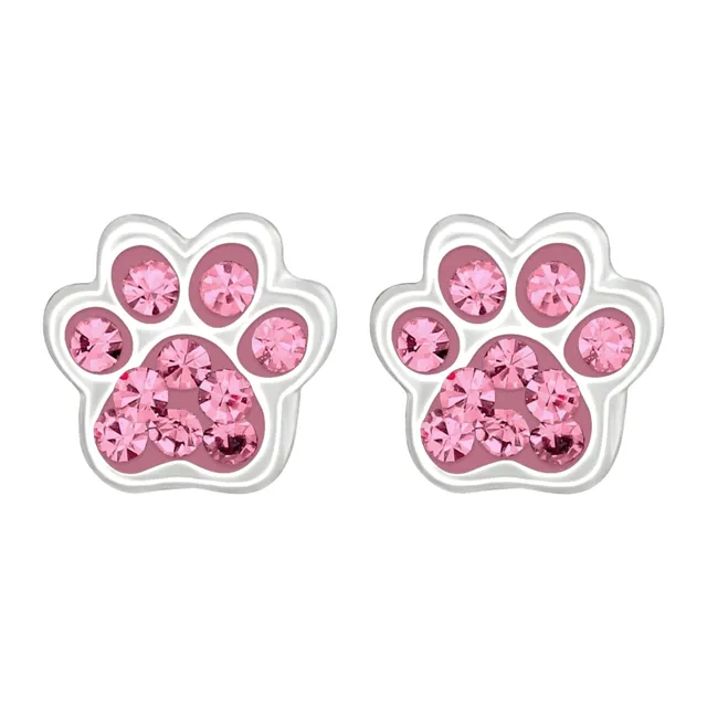 Pair of sterling silver paw print stud earrings with light rose coloured crystals