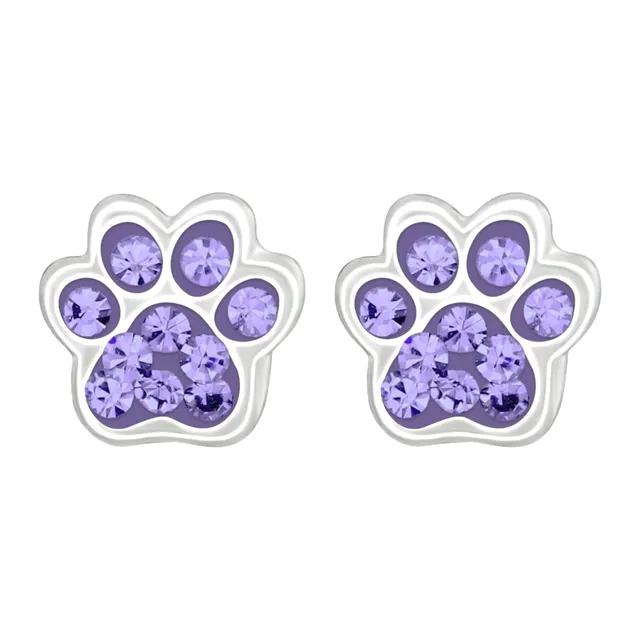 Pair of sterling silver paw print stud earrings with violet coloured crystals