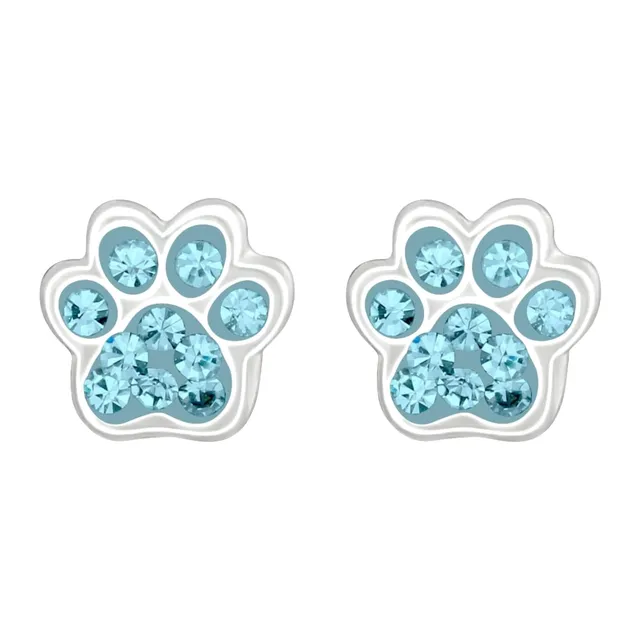 Pair of sterling silver paw print stud earrings with aqua bohemica coloured crystals