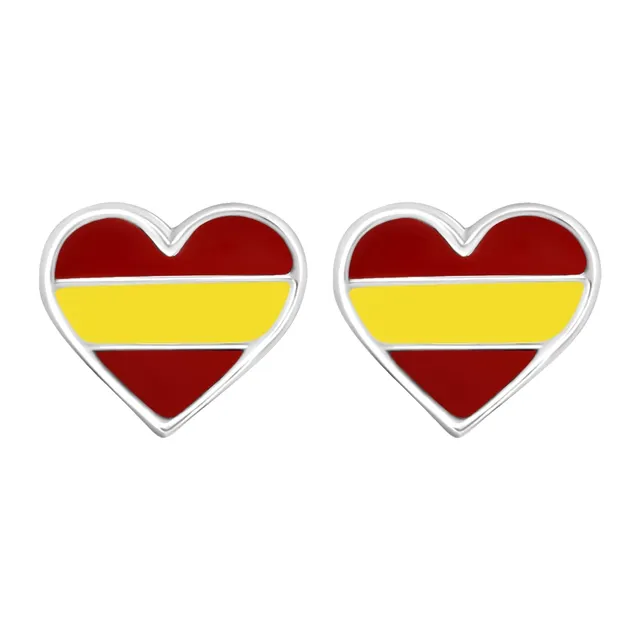 Pair of heart shaped sterling silver Spanish flag stud earrings in red and yellow
