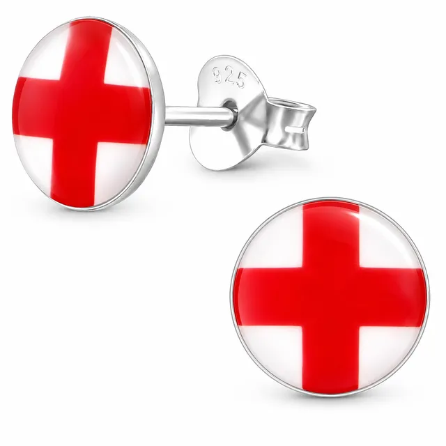 Pair of round sterling silver England flag stud earrings with red cross on white