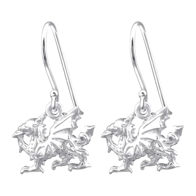 Pair of sterling silver Welsh dragon drop earrings