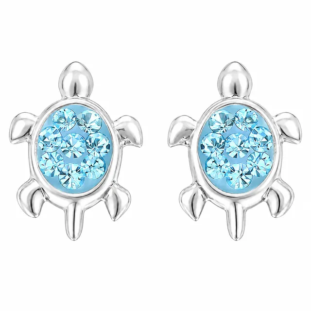 Pair of sterling silver turtle stud earrings with aqua bohemica crystal shells