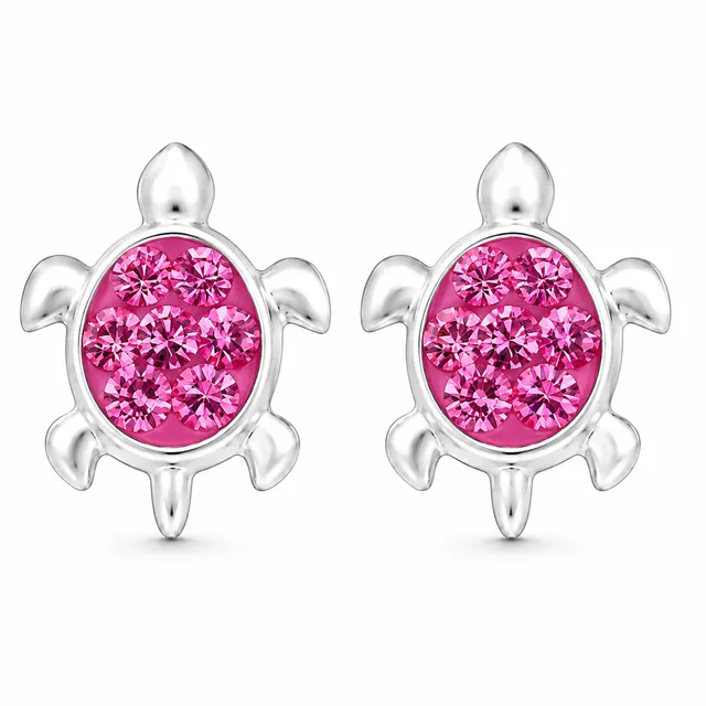 Pair of sterling silver turtle stud earrings with rose pink crystal shells