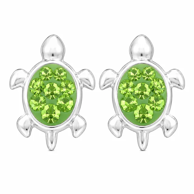Pair of sterling silver turtle stud earrings with peridot green crystal shells
