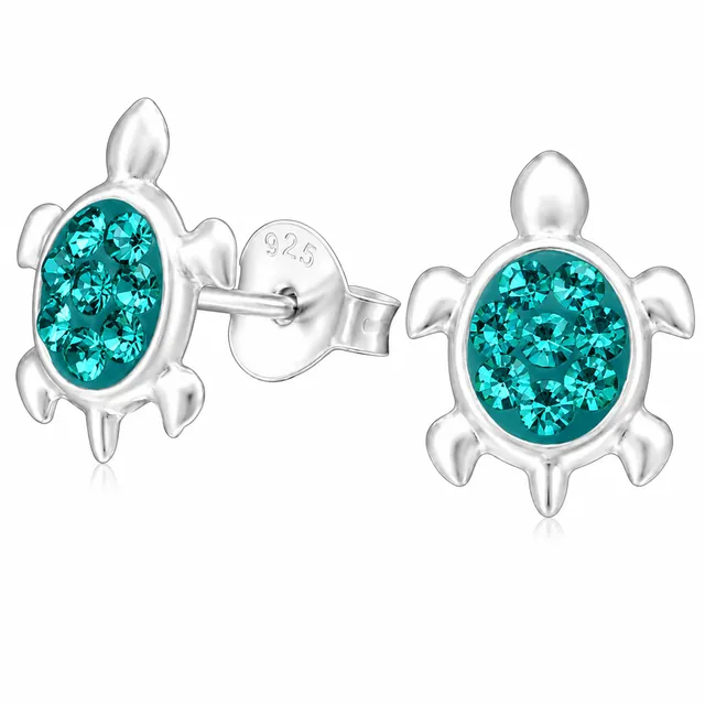 Pair of sterling silver turtle stud earrings with blue zircon crystal shells