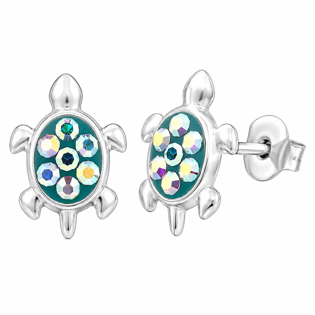 Pair of sterling silver turtle stud earrings with iridescent AB crystal shells