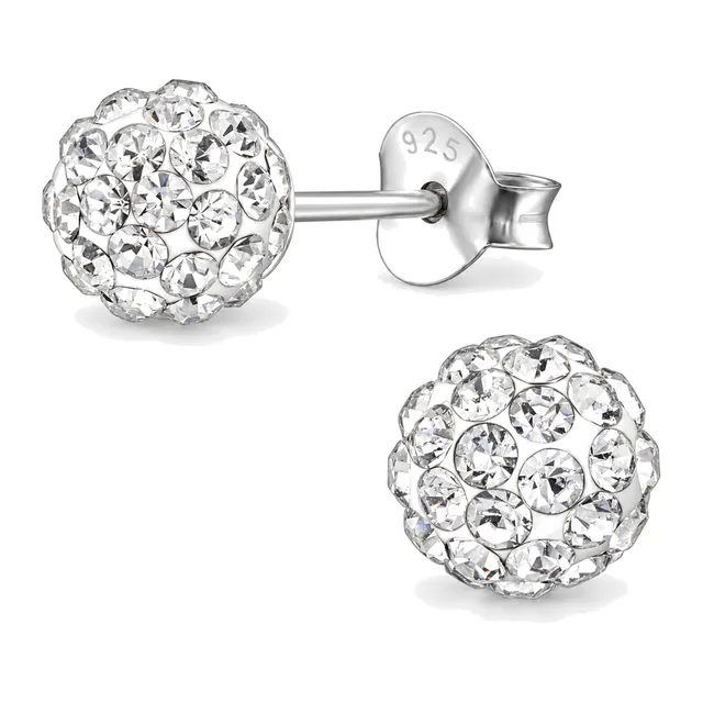 Pair of sterling silver round crystal ball stud earrings in clear