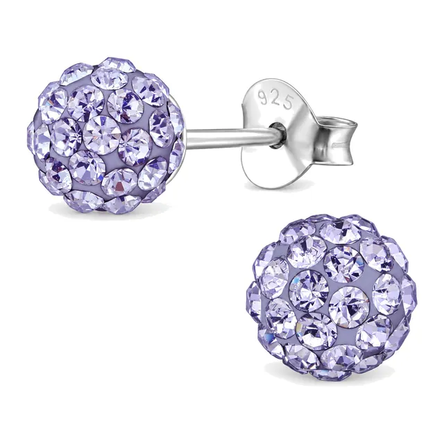 Pair of sterling silver round crystal ball stud earrings in violet