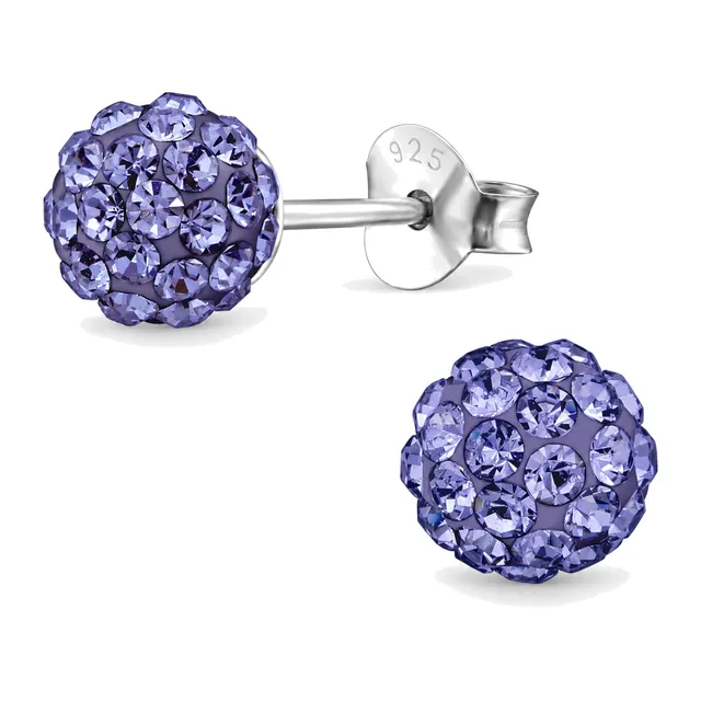 Pair of sterling silver round crystal ball stud earrings in tanzanite blue-purple