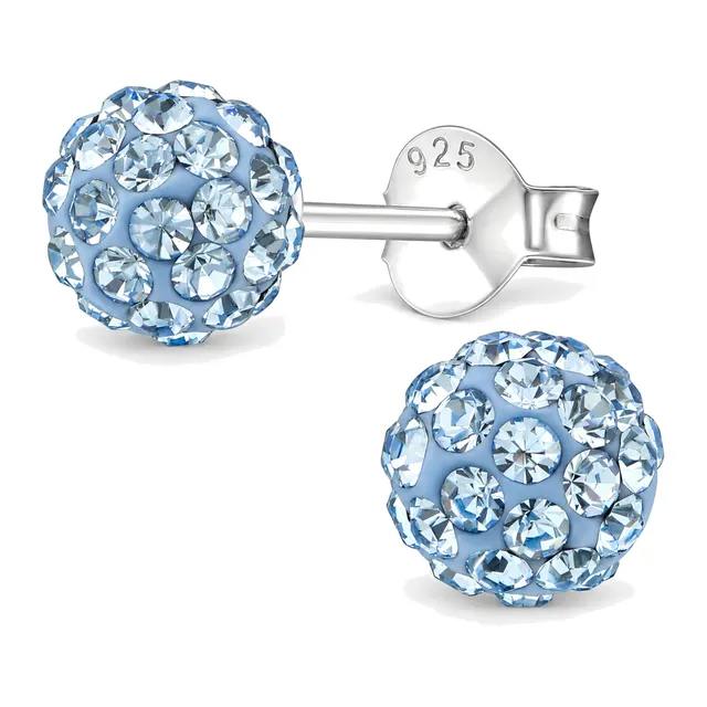 Pair of sterling silver round crystal ball stud earrings in light sapphire blue