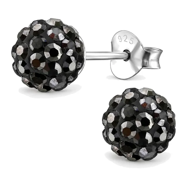 Pair of sterling silver round crystal ball stud earrings in smoky grey hematite