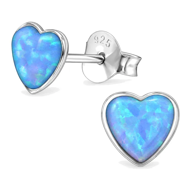 Pair of sterling silver heart stud earrings with azure synthetic opal