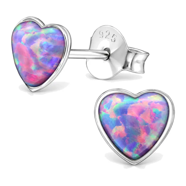 Pair of sterling silver heart stud earrings with multi lavender synthetic opal